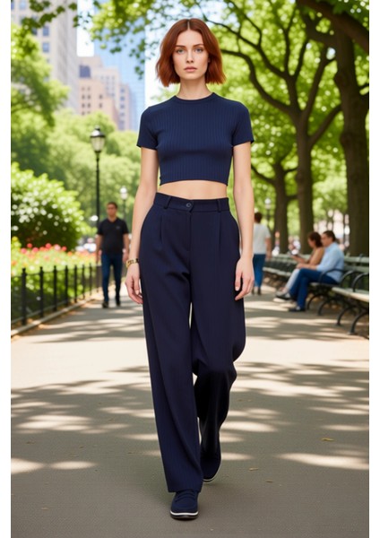 Kadın Wide Leg Çizgili Dokuma Pantolon Fonksiyonel Dayanıklı Kaliteli Konforlu Estetik Şık fırsatları