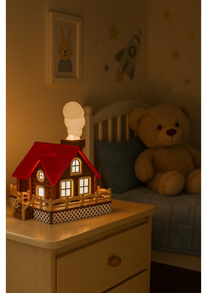 Kırmızı Çatılı Işıklı Mini Ev Gece Lambası – Dekoratif Çocuk Odası Lambası