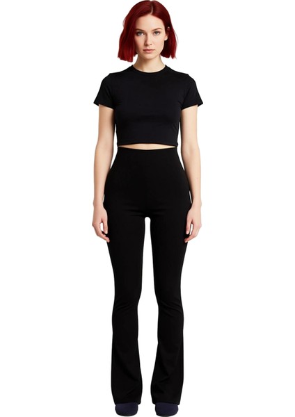 Kadın Yüksek Bel Flare Kesim Interlok Tayt Fonksiyonel Dayanıklı Kaliteli Konforlu Estetik