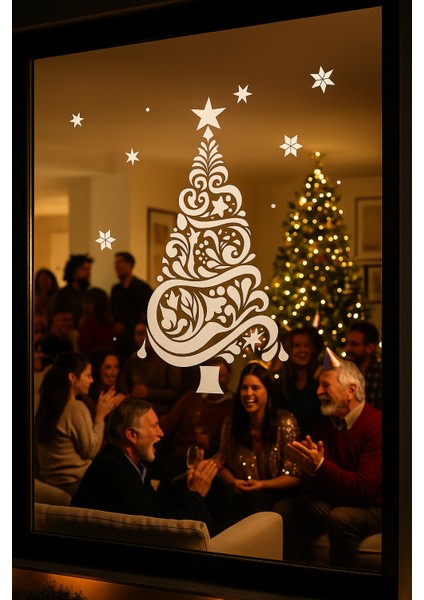 Happy New Year Sticker Çıkartma Yeni Yıl Süsü Parti Cam Süsü Noel Ağacı Kar Tanesi