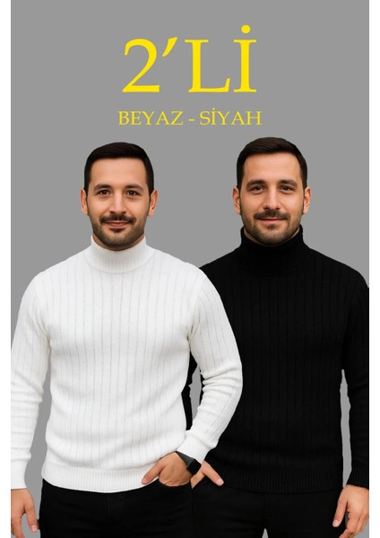 Erkek Fitilli Triko Kazak 2'li Set Beyaz Siyah Regular Balıkcı Yaka Tam Boğazlı Triko Seti Modeli Kazak