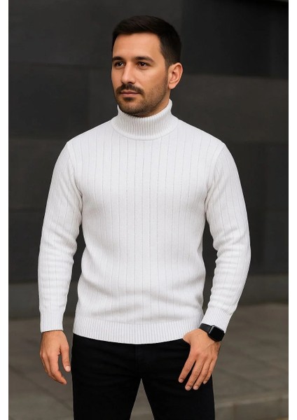 Erkek Fitilli Triko Kazak 2'li Set Beyaz Siyah Regular Balıkcı Yaka Tam Boğazlı Triko Seti Modeli Kazak modelleri