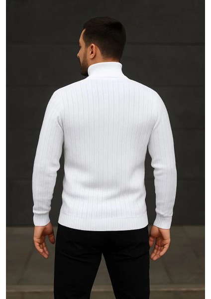 Erkek Fitilli Triko Kazak 2'li Set Beyaz Siyah Regular Balıkcı Yaka Tam Boğazlı Triko Seti Modeli Kazak indirimleri