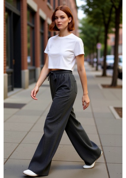 Kadın Antrasit Esnek Dokuma Geniş Bacak Pantolon Fonksiyonel Dayanıklı Kaliteli Konforlu Şık indirimleri