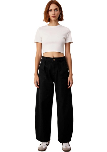 Kadın Haki Gabardin Yüksek Bel Bol Kesim Pantolon Fonksiyonel Dayanıklı Kaliteli Konforlu Şık