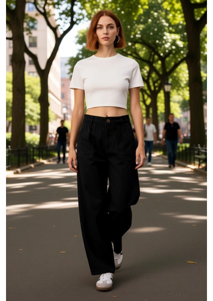 Kadın Haki Gabardin Yüksek Bel Bol Kesim Pantolon Fonksiyonel Dayanıklı Kaliteli Konforlu Şık fırsatları