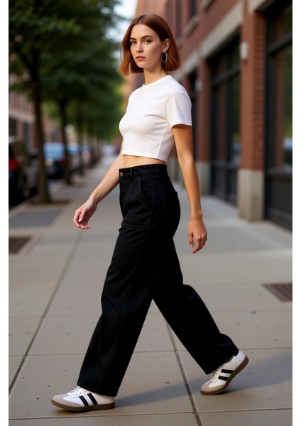 Kadın Haki Gabardin Yüksek Bel Bol Kesim Pantolon Fonksiyonel Dayanıklı Kaliteli Konforlu Şık indirimleri