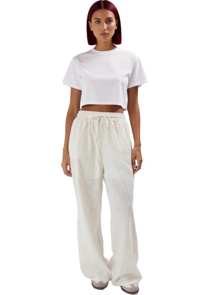 Kadın Geniş Paça Keten Dokulu Pantolon Fonksiyonel Dayanıklı Kaliteli Konforlu Estetik Şık
