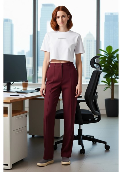 Kadın Yüksek Bel Straight Kesim Dikiş Detaylı Dokuma Pantolon Fonksiyonel Dayanıklı Modern modelleri