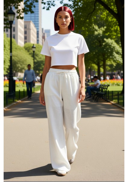 Kadın Geniş Paça Keten Dokulu Pantolon Fonksiyonel Dayanıklı Kaliteli Konforlu Estetik Şık fırsatları