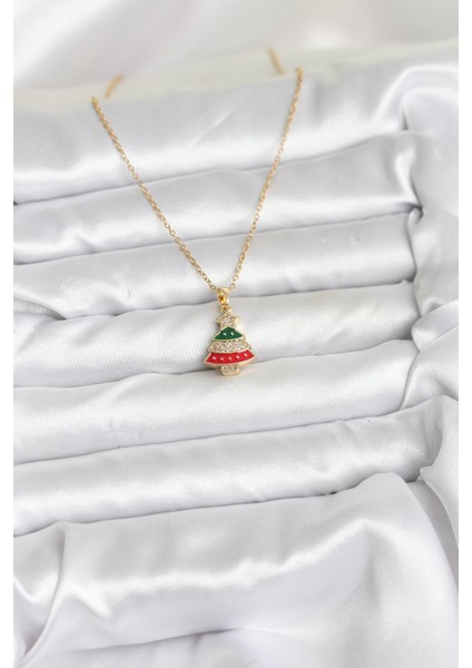 Zarif Boyunlar Için Golden Çelik Ren Çam Ağacı Zirkonlu Yılbaşı Tema Kadın Kolye