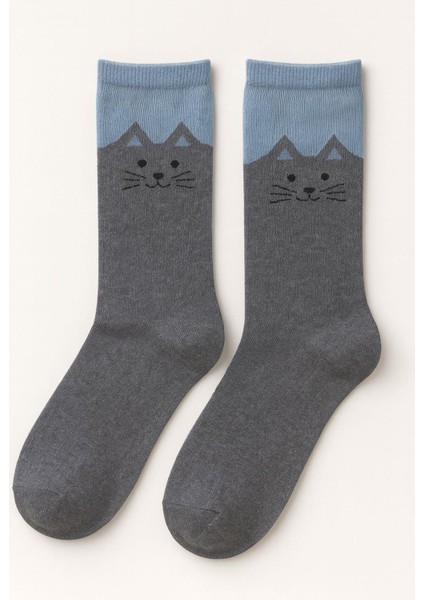 Kadın Kedi Desenli Soket Çorap Mavi