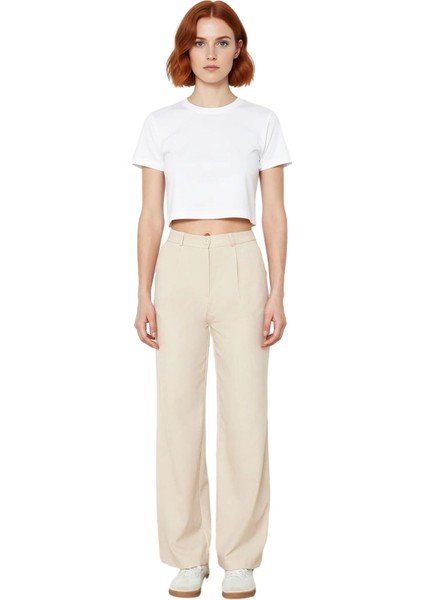 Kadın Yüksek Bel Geniş Paça Dokuma Pantolon Fonksiyonel Dayanıklı Kaliteli Konforlu Modern