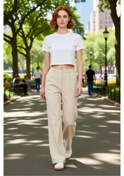 Kadın Yüksek Bel Geniş Paça Dokuma Pantolon Fonksiyonel Dayanıklı Kaliteli Konforlu Modern fırsatları