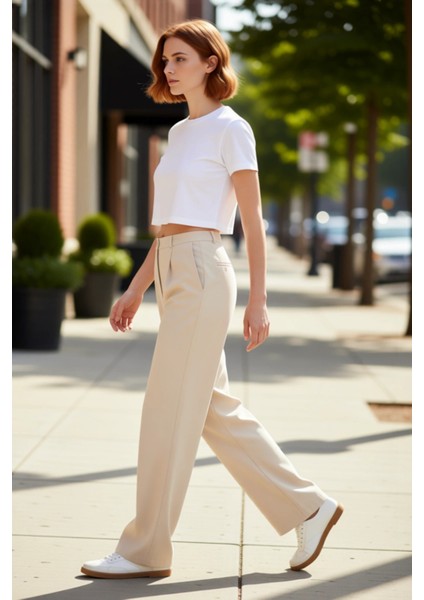 Kadın Yüksek Bel Geniş Paça Dokuma Pantolon Fonksiyonel Dayanıklı Kaliteli Konforlu Modern indirimleri