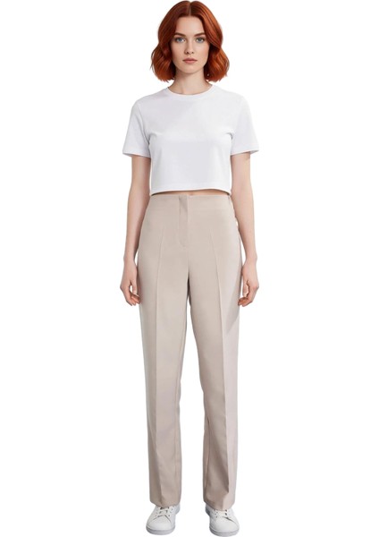 Kadın Yüksek Bel Düz Paça Dokuma Pantolon Fonksiyonel Dayanıklı Kaliteli Konforlu Estetik Şık