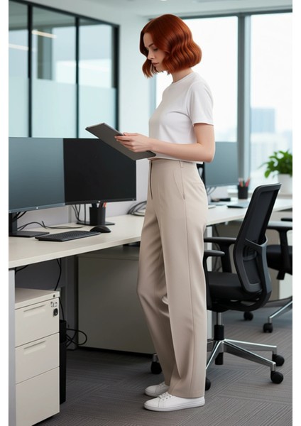 Kadın Yüksek Bel Düz Paça Dokuma Pantolon Fonksiyonel Dayanıklı Kaliteli Konforlu Estetik Şık modelleri