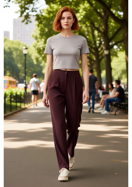 Kadın Mürdüm Wide Leg Dokuma Pantolon Fonksiyonel Dayanıklı Kaliteli Konforlu Estetik Spor fırsatları