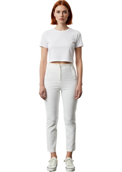 Kadın Yüksek Bel Dar Paça Dokuma Kumaş Pantolon Fonksiyonel Dayanıklı Kaliteli Konforlu Şık