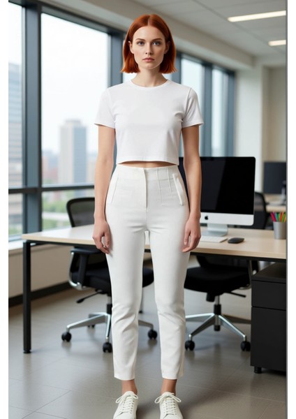 Kadın Yüksek Bel Dar Paça Dokuma Kumaş Pantolon Fonksiyonel Dayanıklı Kaliteli Konforlu Şık modelleri