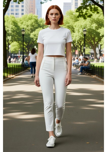 Kadın Yüksek Bel Dar Paça Dokuma Kumaş Pantolon Fonksiyonel Dayanıklı Kaliteli Konforlu Şık fırsatları