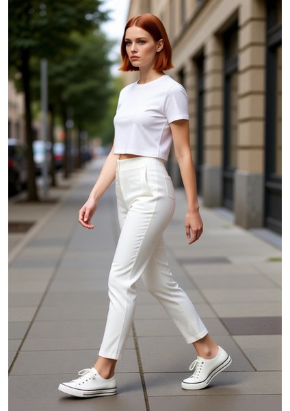 Kadın Yüksek Bel Dar Paça Dokuma Kumaş Pantolon Fonksiyonel Dayanıklı Kaliteli Konforlu Şık indirimleri