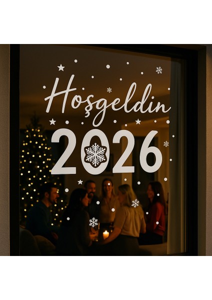 El Yazısı ile Hoşgeldin 2026 Yazısı ve Kar Tanesi Vitrin,cam Mağaza Süslemeleri (70X60CM) fiyatları
