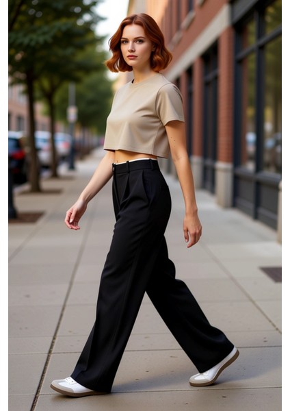 Kadın Wide Leg Kemerli Dokuma Pantolon Fonksiyonel Dayanıklı Kaliteli Konforlu Estetik Şık indirimleri