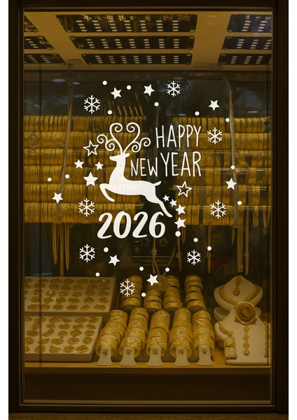Happy New Year Geyik ve 2026 Yılbaşı Süslemeleri Yeni Yıl Vitrin,cam,duvar Sticker