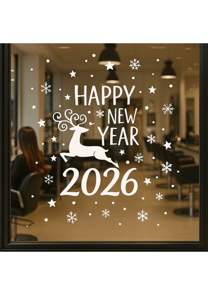 Happy New Year Geyik ve 2026 Yılbaşı Süslemeleri Yeni Yıl Vitrin,cam,duvar Sticker modelleri