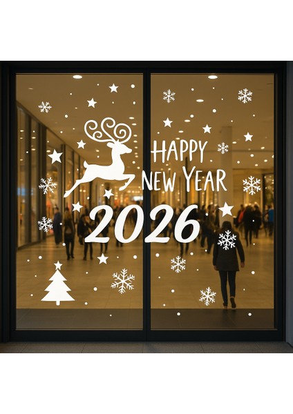 Happy New Year Geyik ve 2026 Yılbaşı Süslemeleri Yeni Yıl Vitrin,cam,duvar Sticker fırsatları