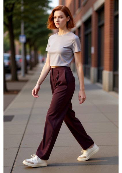 Kadın Mürdüm Wide Leg Dokuma Pantolon Fonksiyonel Dayanıklı Kaliteli Konforlu Estetik Spor indirimleri