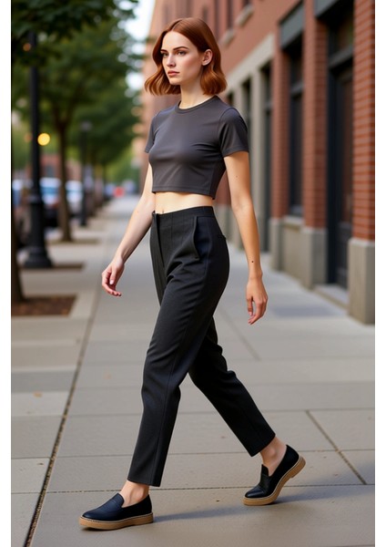 Kadın Yüksek Bel Dar Paça Dokuma Pantolon Fonksiyonel Dayanıklı Kaliteli Konforlu Estetik Şık indirimleri