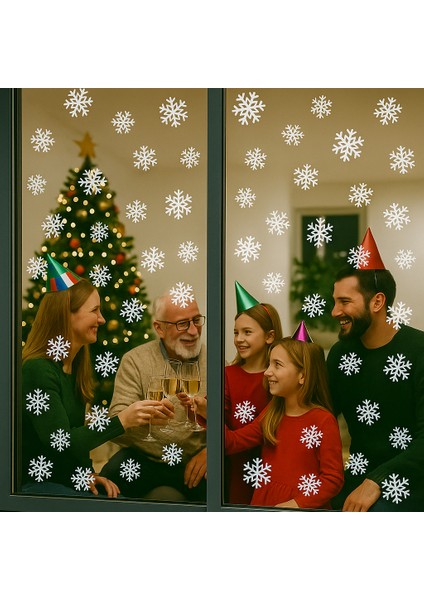 Yılbaşı Kar Tanesi Cam Vitrin Süsleme Sticker Beyaz 40 Adet
