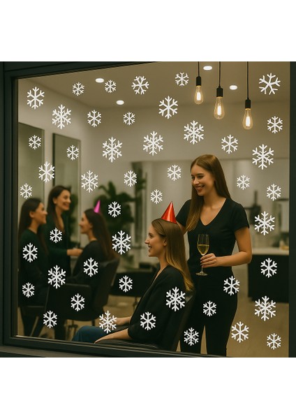 Yılbaşı Kar Tanesi Cam Vitrin Süsleme Sticker Beyaz 40 Adet modelleri
