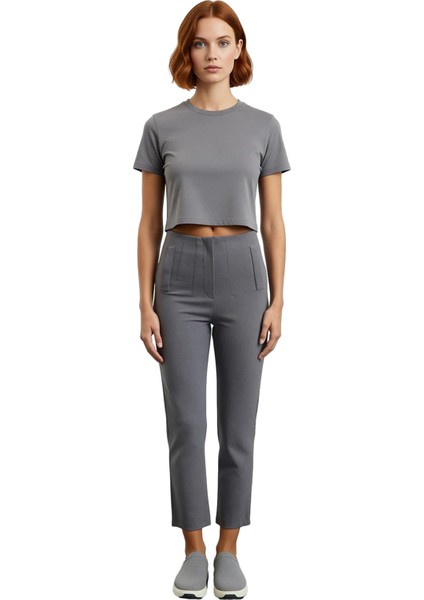 Kadın Yüksek Bel Dar Paça Dokuma Kumaş Pantolon Fonksiyonel Dayanıklı Kaliteli Konforlu Şık