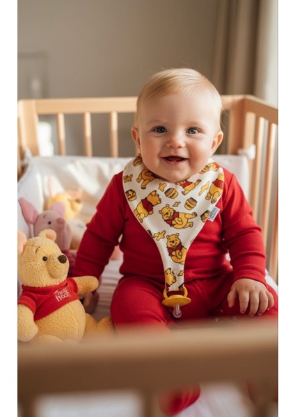 Emzik Tutucu Mama Önlüğü - Winnie The Pooh Desenli %100 Pamuk Kumaş Emzik Askısı