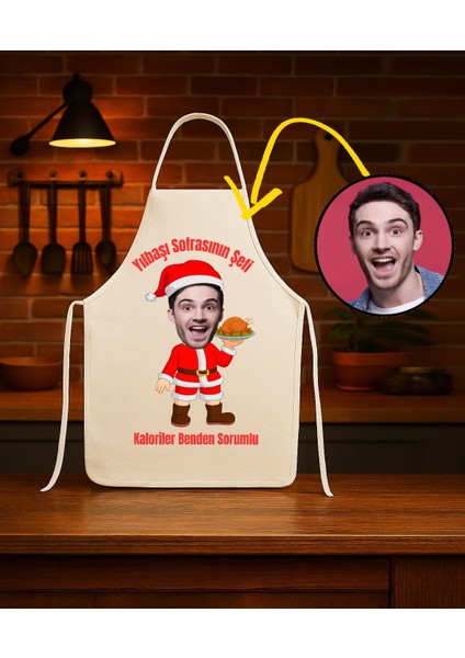 Kişiye Özel Karikatür Fotoğraflı Mutfak Önlüğü Yılbaşı Sofranın Şefi