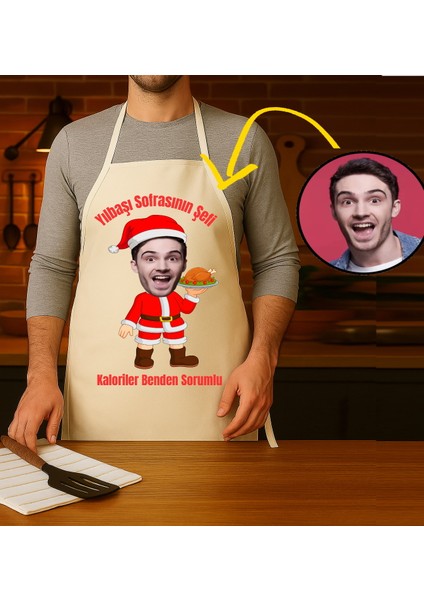Kişiye Özel Karikatür Fotoğraflı Mutfak Önlüğü Yılbaşı Sofranın Şefi modelleri