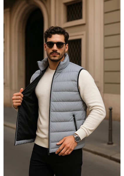 Erkek Kışlık Premium Basic Astarlı Gri Şişme Yelek