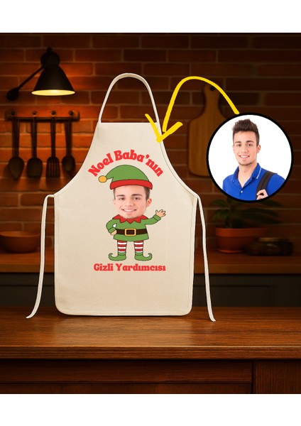 Kişiye Özel Karikatür Fotoğraflı Mutfak Önlüğü Noel Babanın Gizli Yardımcısı
