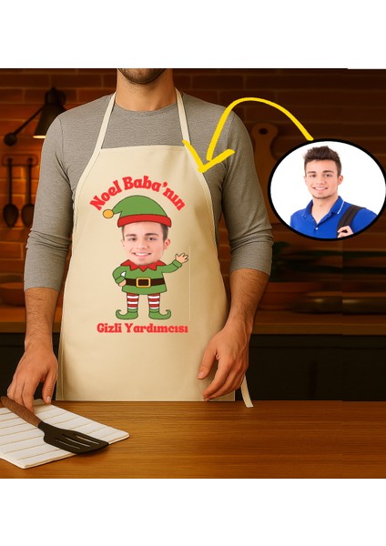 Kişiye Özel Karikatür Fotoğraflı Mutfak Önlüğü Noel Babanın Gizli Yardımcısı modelleri