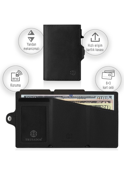 Palermo Siyah Mekanizmalı Kartlık Hakiki Deri Cüzdan Unisex Kadın Erkek Rfid Korumalı fırsatları