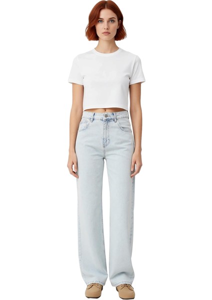 Kadın Açık Wide Leg Denim Pantolon Yüksek Bel Fonksiyonel Dayanıklı Kaliteli Konforlu Spor