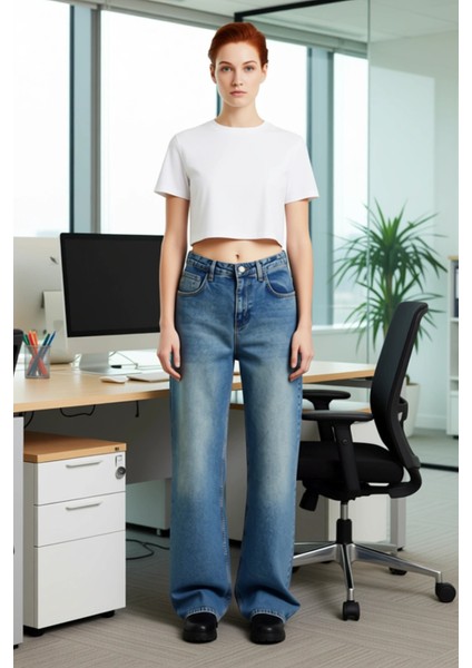 Kadın Yüksek Bel Bol Paça Jean Fonksiyonel Dayanıklı Kaliteli Konforlu Estetik Premium Şık