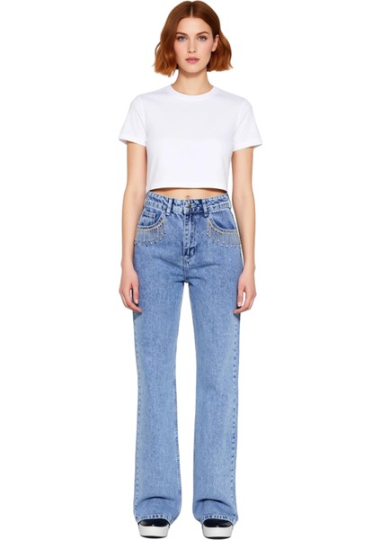 Kadın Wide Leg Jean Taşlı Cep Detaylı Yüksek Bel Pantolon Fonksiyonel Dayanıklı Kaliteli Şık