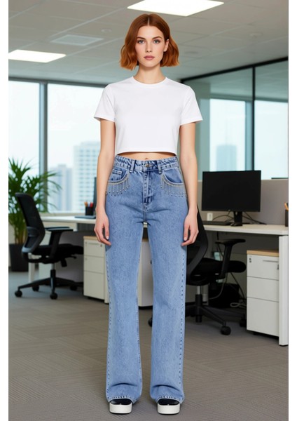 Kadın Wide Leg Jean Taşlı Cep Detaylı Yüksek Bel Pantolon Fonksiyonel Dayanıklı Kaliteli Şık fiyatları