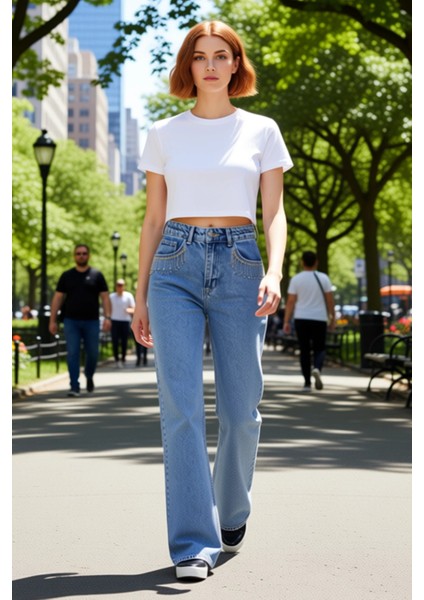 Kadın Wide Leg Jean Taşlı Cep Detaylı Yüksek Bel Pantolon Fonksiyonel Dayanıklı Kaliteli Şık modelleri