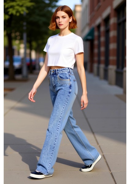 Kadın Wide Leg Jean Taşlı Cep Detaylı Yüksek Bel Pantolon Fonksiyonel Dayanıklı Kaliteli Şık fırsatları