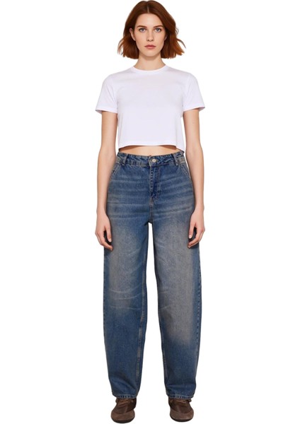 Kadın Yüksek Bel Geniş Paça Denim Pantolon Fonksiyonel Dayanıklı Kaliteli Konforlu Estetik